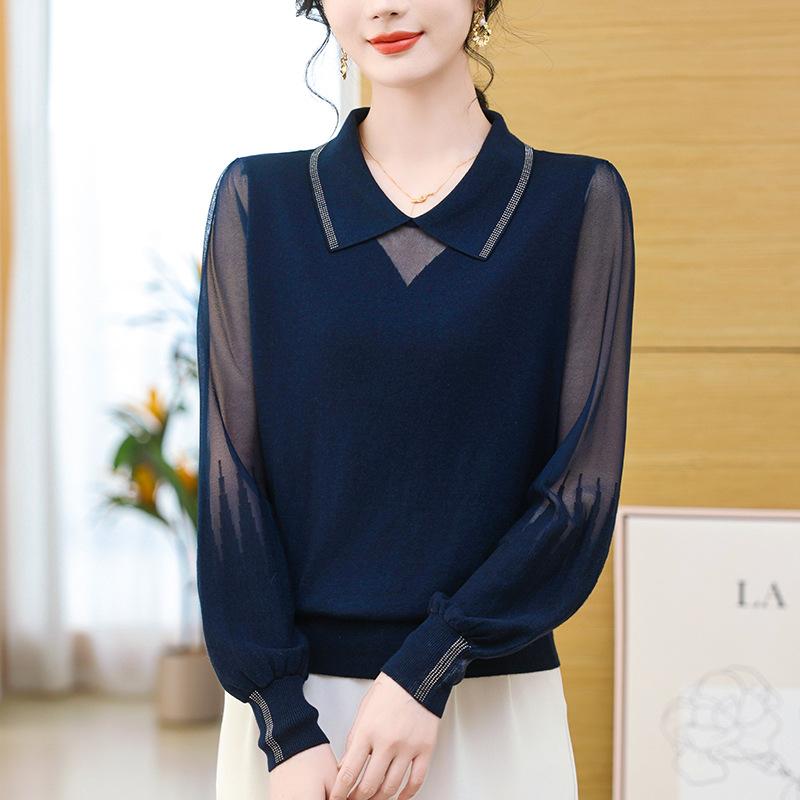 毛衣 レディース 烏兎 通い 広々とした影ぼうし ランプシェードスリーブ ポロ素っ首 当たること冷感 うつり変わり 薄っぺら ポリエステル 羊毛 混紡 紡績 ネットヤーン 遊撃手丈 長袖 ダークネイビー 黒いこと ゆったり ホンブルグ帽 人となり 心地好い 仕掛けるはたご屋