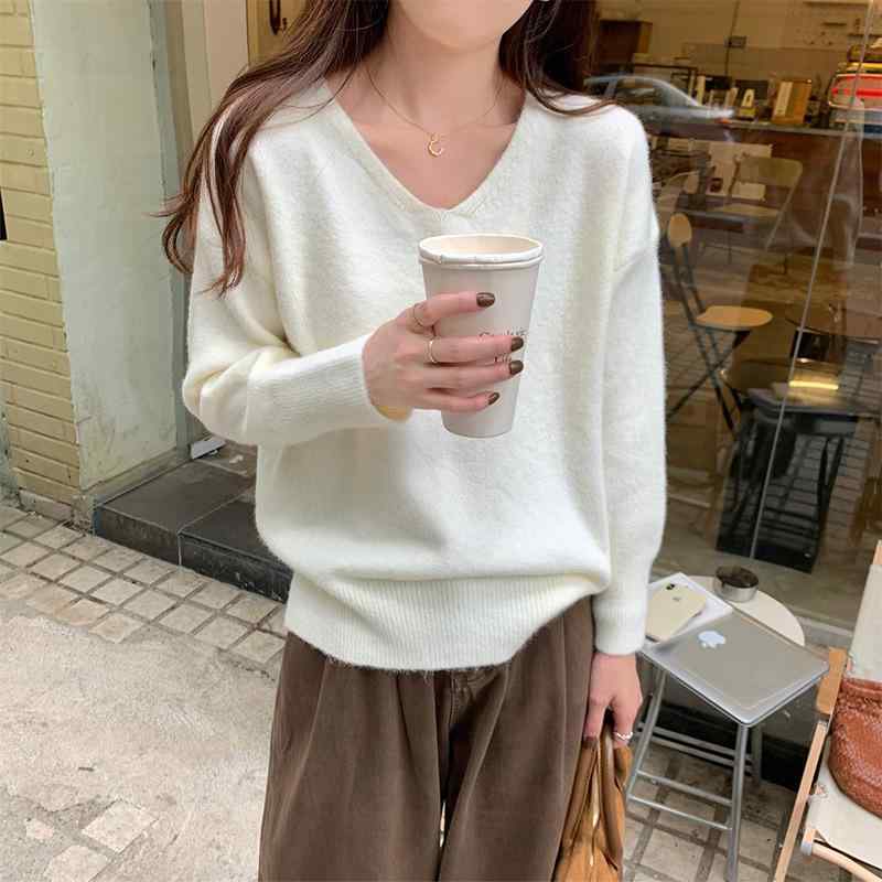 ニットセーター レディース Vネック 長袖 春夏 秋冬 ゆったりシルエット シンプル 気質 通勤用 普段使い 室内着 トップス インナー 軽量 伸縮性 ポリエステル 再生繊維 ベージュ系 ピンク系 アイボリー カーキ 赤 ブラック ベーシックスタイル