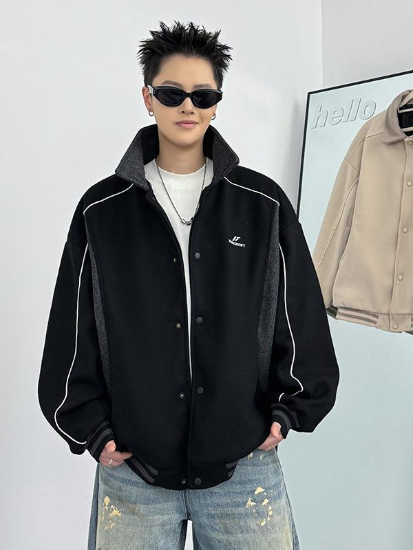 メンズ ジャケット コットン混紡 ポリエステル 切り替え デザイン 長袖 スタンドカラー シングルブレスト ルーズフィット 直裾 サイドポケット ノンアイロン加工 春秋 杏色 ブラック 日常 着用 通勤 カジュアル スポーツ ミックス スタイル ティーン