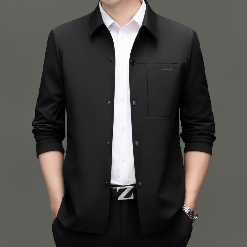 メンズ 中年男性用 ジャケット ビジネス 休? 薄手 春夏 秋冬 純色 スタンドカラー シングルブレスト 長袖 ワイドフィット ナイロン混紡 ポリエステル裏地 通気性 耐摩耗 側ポケット ストレートヘム シルク加工 ブラック ネイビー 日常使い 通勤 軽