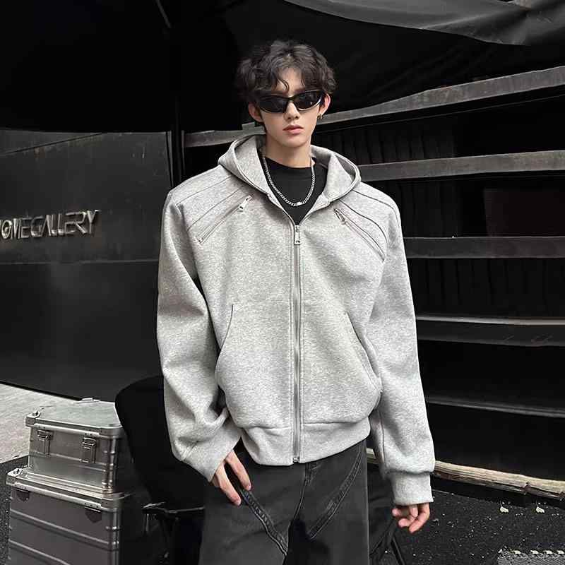 メンズ 春季 連帽パーカー 開衫 肩パッド 長袖 ワイドシルエット コットン混紡 ポリエステル 厚手 軽量 伸縮性 吸湿速乾 ユニセックス ストリート ファッション グレー ブラック ゆったり 着用 普段使い カジュアル アウトドア 通勤 トップス フー