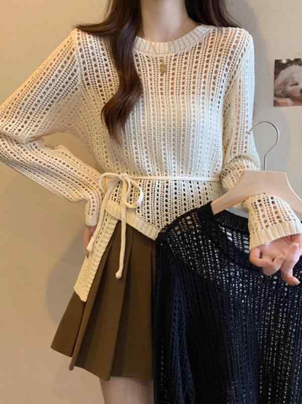 ニットトップス 女性用 春夏 長袖 レース 切り替え 薄手 コットン混 接触冷感 防晒 ワイドシルエット ラウンドネック 気質 通勤 インナー ブラウス シャツ アウター ベーシック スタイル 杏色 ブラック 軽量 伸縮性 吸湿速乾 ハイウエスト ビッグ