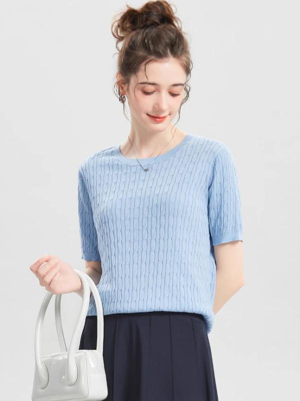 ニットトップス 女性用 春夏 桑蚕? 混紡 接触冷感 修身 スリム ツイスト デザイン 純色 半袖 丸首 薄手 気質 通勤 快適 軽量 吸湿速乾 天藍 ライトグリーン ピンク ライト ブルー グリーン ピンク