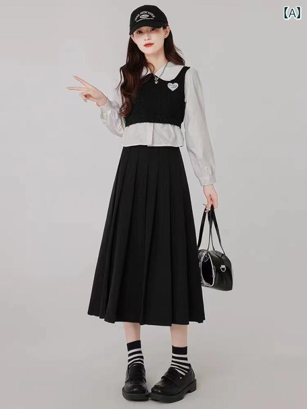 スカート 女性用 春夏 フレンチスタイル ミディ丈 プリーツ Aライン プレス加工 ポリエステル 無弾性 気質 クラシック モノトーン ブラック グレー ベージュ スリムライン 普段使い 軽量 シンプル 切り替え 復古 直筒 ハーフスカート トップス 合