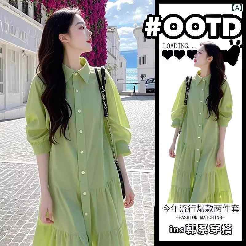 ワンピース 女性用 春夏 緑 Aライン ミディ丈 ラウンドネック 九分袖 荷葉エッジ シャンエル風 ポリエステル 気質 通勤 普段使い 切り替えデザイン 伸縮性 吸湿速乾 高級感 かわいい ビッグシルエット 軽量 優雅