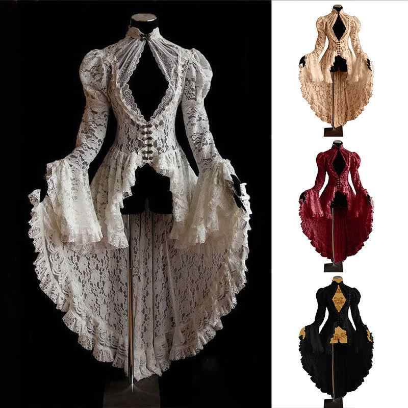 ワンピース 宮廷風 復古 ルネサンス 中世 礼服 レース フラワー袖 刺繍 3D 立体 立領 収腰 イギュアルヘム ロングドレス 超長袖 松緊腰 双排扣 気質 優雅 欧米風 秋冬 秋 ウィンター ナイロン ストレッチ 素材 ブラック ホワイト ワインレッ