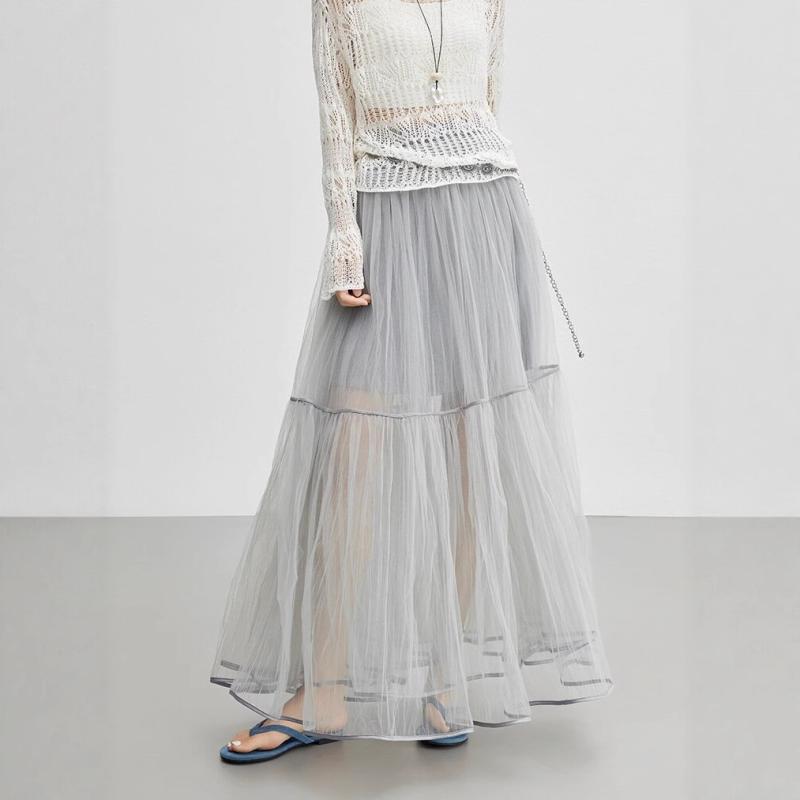 スカート 女性用 ミディ Aライン 半身スカート プリーツ ガラスヤーン 切り替え 軽量 通勤 普段使い 私服 御姐風 かわいい ハイウエスト 春夏 ライトグレー ブラック 接触冷感 伸縮性 高級感 吸湿速乾 再生繊維 ピンク系 アイボリー ビッグシルエ