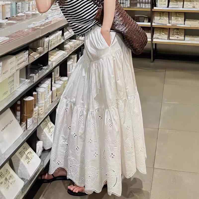 スカート 女性用 春夏 Aライン 中長丈 半身スカート 白色 コットン ポリエステル 切り替え デザイン ?空 クロシェ レース ワイド ゆったり 気質 フレア ロング ミディ 軽量 微弾性 吸湿速乾 通勤 普段使い 部屋着 カジュアル エレガント ビッ