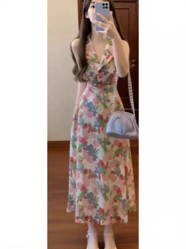 ワンピース 女性用 夏 フレンチスタイル 収腰 大きめスカート 赤 花柄 シャツカラー ロマンティック ビンテージ ロングドレス 無袖 ハイウエスト ポロカラ ボタン セットイン 数字印花 ポリエステル 甘め 清新 気質 イージー 軽量 通気性 植物モチ