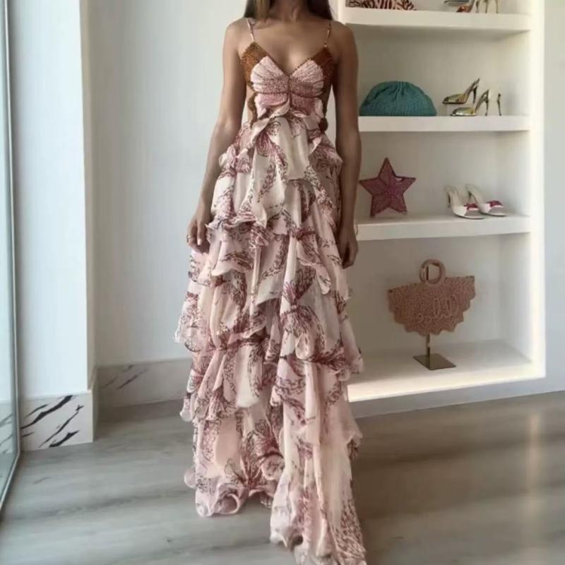 ワンピース 女性用 夏 ロングドレス 多層 フリル 蝶々柄 無袖 ワンショルダー ミドルウエスト シャーリング 花柄 ポリエステル 再生繊維 透け感 軽量 涼しい ストリートファッション 欧米風 カジュアル レイヤード フェミニン ゆったりシルエット 日