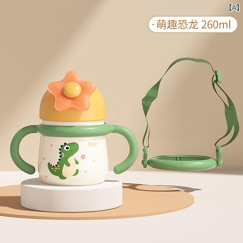 キッズ 保温ボトル 赤ちゃん 学習飲料 ストローカップ ベビー 保温水筒 外出 幼稚園 恐龍柄 手持ち バックストラップ 付き ポータブル ステンレス 耐熱 260ml 360ml 黄緑 グリーン 紫 カラフル カートゥーン スタイル 子供 学生 向け