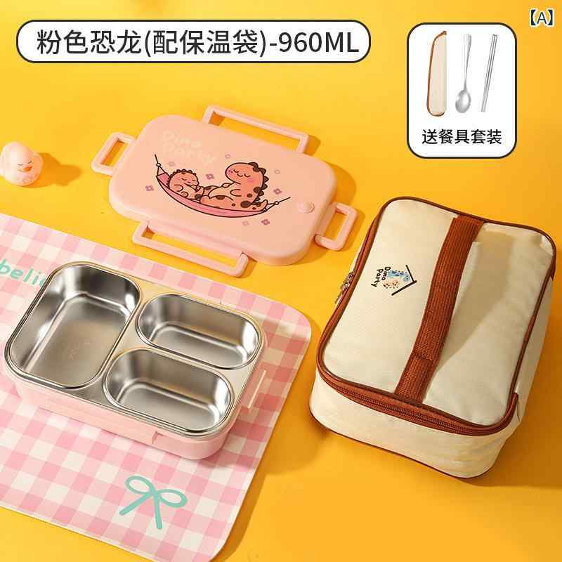 キッズ 子供用 学生向け 弁当箱 304ステンレス 方形 3格 大容量 かわいい カードプリント ピンク グリーン 接触冷感 PP外殻 軽量 携帯 ランチボックス 保温バッグ 付き マイクロ波対応 食品用 耐久 クリーン 萌え スタイル 通学 日常使い