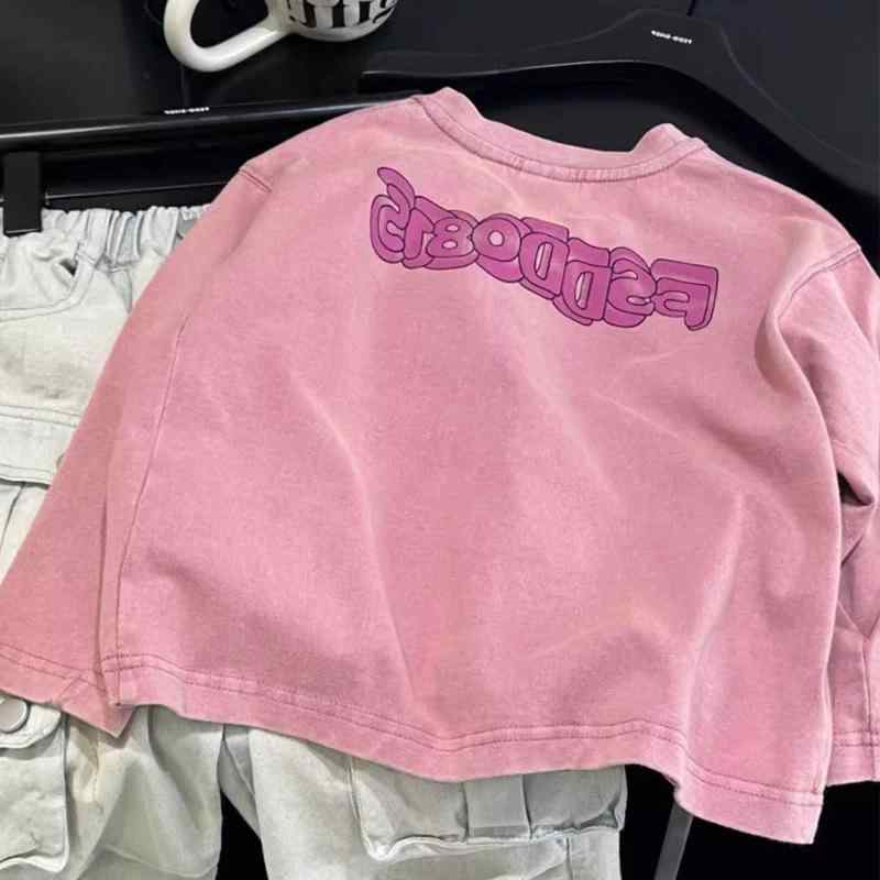 キッズ トップス 男の子 春夏 秋冬 かわいい 洗いざらしピンク 長袖 ラウンドネック ゆったりシルエット 綿100% 柔らか素材 吸湿速乾 吸汗 通気性 普段使い 学校スタイル ユニセックス 3～8歳 中小児 90～130cm