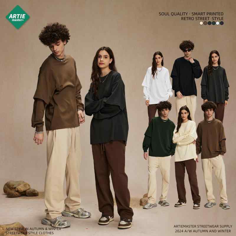メンズ Tシャツ トップス 長袖 偽ツーピース デザイン 無地 綿素材 100% 薄手 ゆったりシルエット 丸首 プルオーバー ストリートファッション 秋 春 季節 黒 白 ベージュ グレー 緑 カラーバリエーション 日常着 カジュアルウェア ティーン向