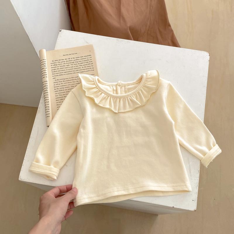 ベビー 女の子 トップス 長袖 Tシャツ 木の耳 フリル 襟 綿 素材 接触冷感 かわいい 花辺 デザイン 純色 米黄色 ピンク系 アイボリー 春夏 秋冬 通年 普段使い 軽量 伸縮性 吸湿速乾 柔らかい 肌触り 安全 A級 ベビー服 女児 上着 ブラウ