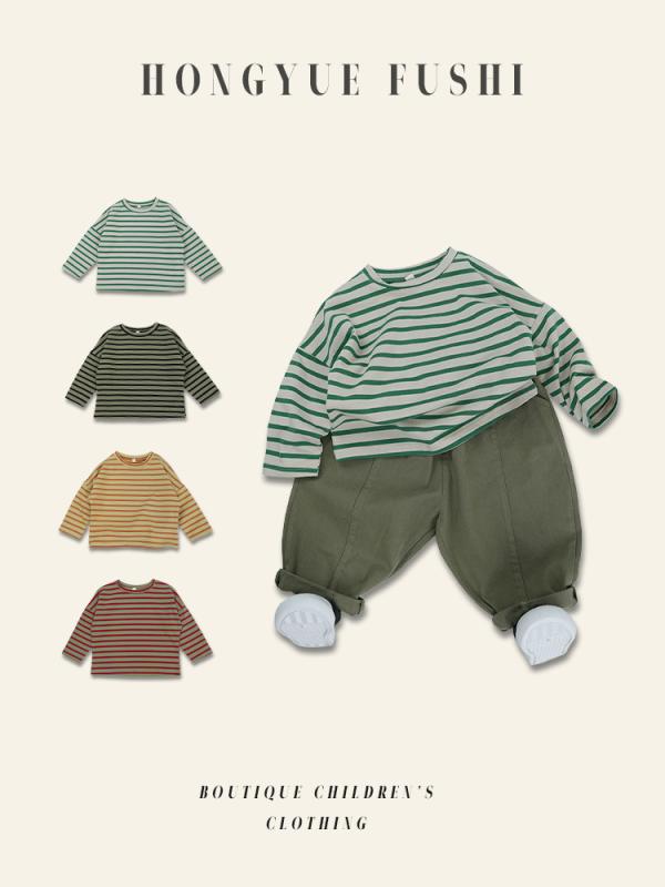 キッズ 長袖Tシャツ トップス 男の子 女の子 赤ちゃん ベビー 綿 純棉 柔らかい 吸湿排汗 透気性 条紋柄 カラフル 米色 緑 ミント 赤 黒 黄 春 秋 春秋 丸首 レイヤード 普段使い 通園 ユニセックス 1歳から8歳 80cmから140cm