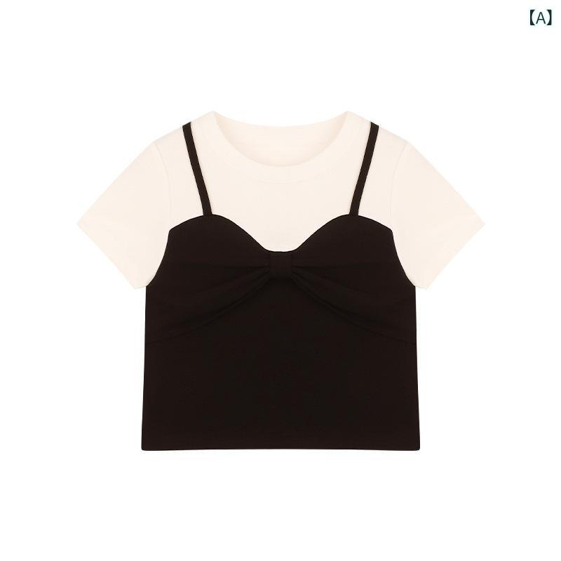 女の子 トップス キッズ 春夏 短袖 吊り紐 切り替え 蝶結び 偽ツーピース Tシャツ シンプル かわいい 日常使い 軽量 柔らかい コットン混 ピンク系 ブラック アイボリー 3～8歳 100～140cm