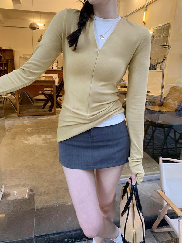 Tシャツ 女性用 長袖 Vネック 修身シルエット インビジブルジッパー インナー トップス 打底シャツ 春夏 日韓カジュアル 黄色 ブラック ダークグレー 綿混 粘液繊維 アクセタール ポリウレタン 伸縮性 軽量 通勤 普段使い