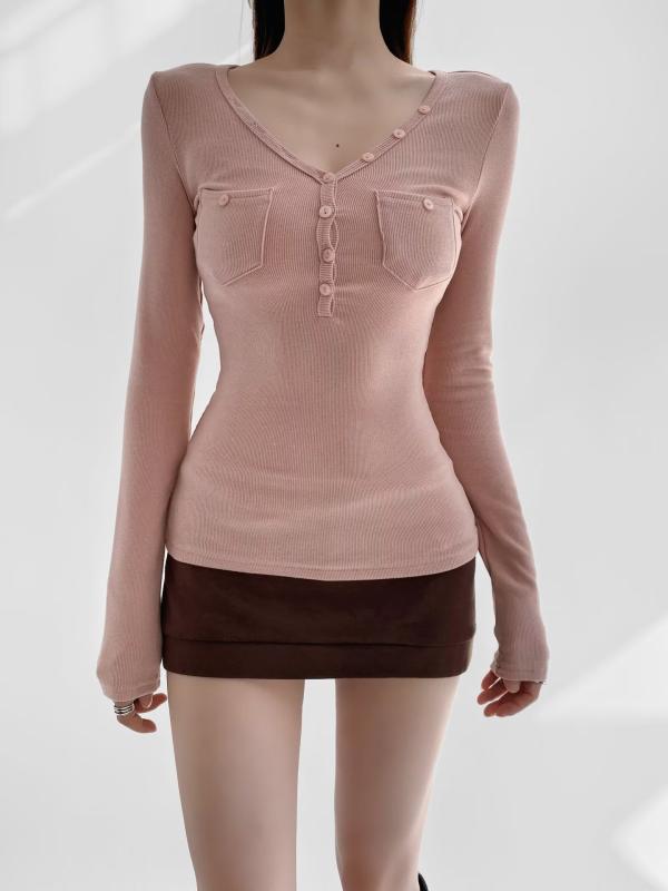Tシャツ 女性用 春夏 Vネック ポケット シングルボタン スリムフィット ロングスリーブ ダブルフェイス 磨毛加工 インナー トップス シャツ 綿混紡 再生繊維 接触冷感 吸湿速乾 軽量 伸縮性 ピンク グレー ブラック アイボリー ストリートスタイル