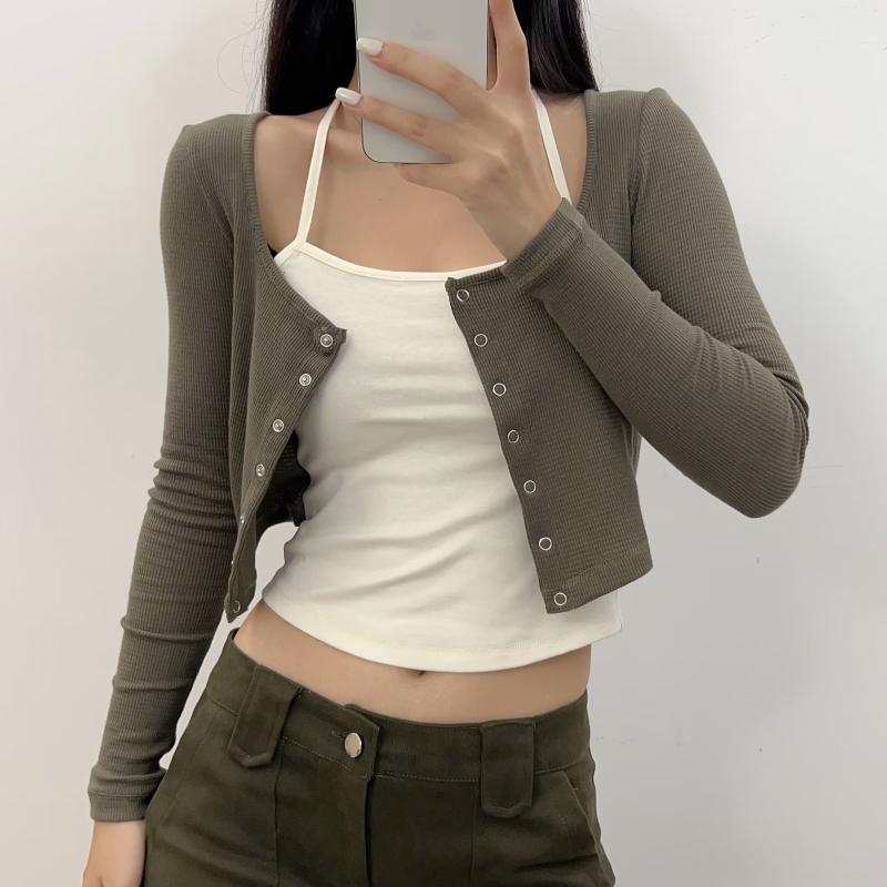 長袖Tシャツ 女性用 秋季 フィットボディ 偽ツーピース 開襟カーディガン トップス 綿素材 ハングネック 通常袖 ブラック ライトグレー カーキ ダークグレー ミリタリーグリーン 私服 純欲風 かわいい 伸縮性 軽量 秋冬 通勤用 普段使い