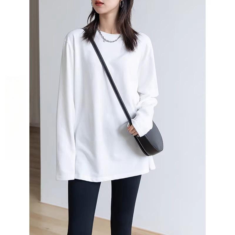 Tシャツ レディース 長袖 中長丈 純色 丸首 綿 デュアルフリース 暖か ゆったりシルエット 無鉄板処理 シンプル 気質 通勤 快適 日常使い 秋冬 春 白色 トップス インナー
