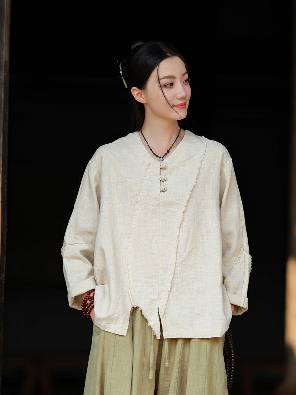 トップス レディース 春夏 綿麻 接触冷感 切り替え 長袖 Vネック 復古風 砂洗加工 不規則 毛フェザーエッジ ゆったりシルエット 普通丈 麻色 酒紅 禅黄 カジュアル 普段使い 軽量 通勤対応 吸湿速乾 個性派 インポートスタイル ソフトタッチ
