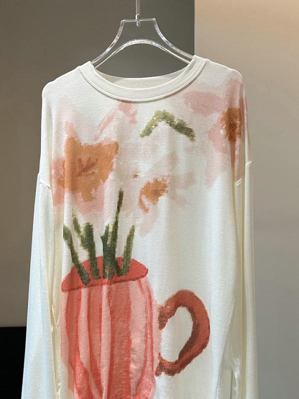 Tシャツ レディース 長袖 Vネック 切り替え 花柄 染め ピック染め 白 トップス ゆったり ロング丈 中長 シンプル 春夏 秋冬 普段使い 部屋着 カジュアル 軽量 伸縮性 吸湿速乾 再生繊維 綿素材 日韓風