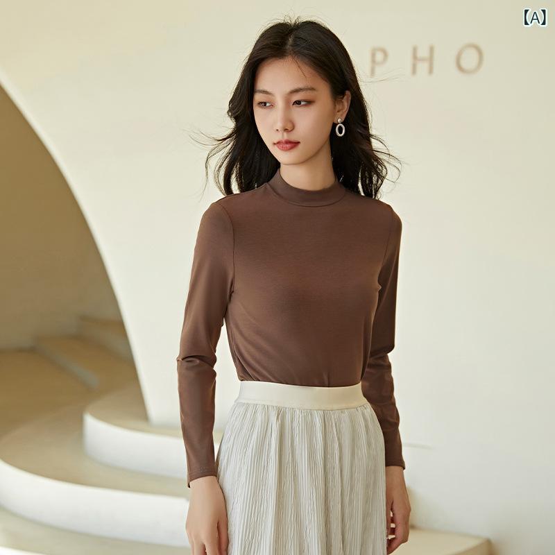 レディース トップス 半高領 長袖 Tシャツ 再生繊維 ストレッチ 修身 セットインスリーブ 純色 コーヒー ブラック ホワイト ベージュ グリーン ミルクティー グレー 通勤 普段使い 気質 軽量 吸湿速乾 普通丈 春夏 カジュアル