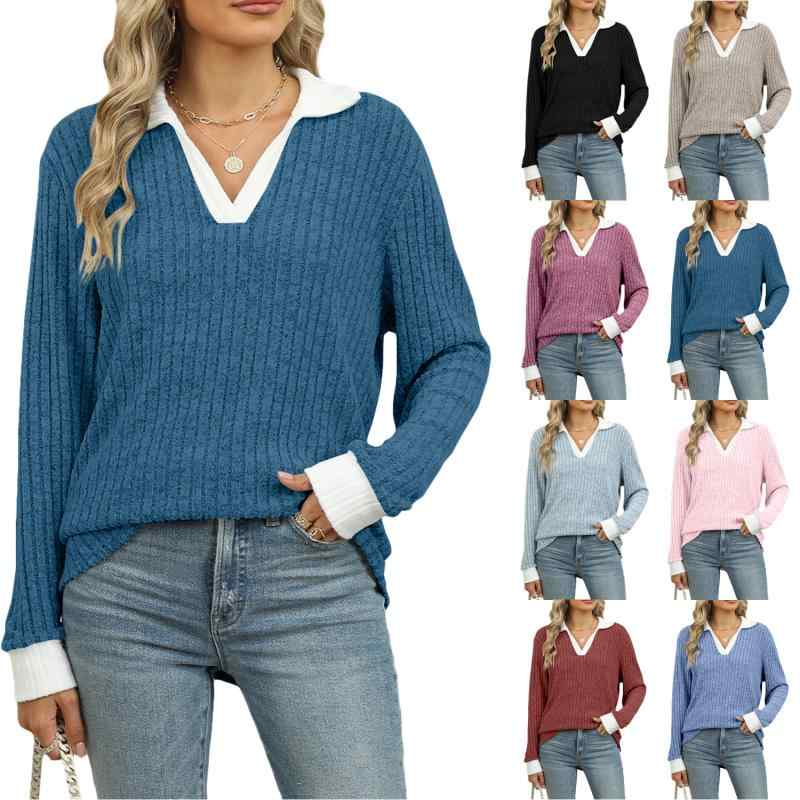 Tシャツ 女性 通勤用 秋冬 長袖 翻領 ピッタリカラー 切り替え ピーチスキン加工 リラコットン ポリエステル 混紡 ゆったりシルエット 中長丈 セットインスリーブ ブラック ライトブルー ラストリッド レッドパープル ブルー パステルピンク ティール
