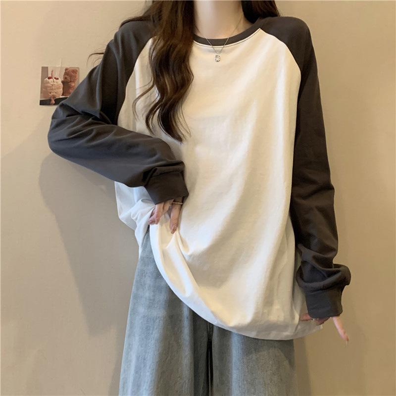 T シャツ 女性用 秋冬 長袖 インサートショルダー ワイドシルエット 中長丈 切り替え ツートンカラー コットン トップス ゆったり 気質 通勤風 快適 軽量 吸湿速乾 白 コーヒーブラウン ライトグレー