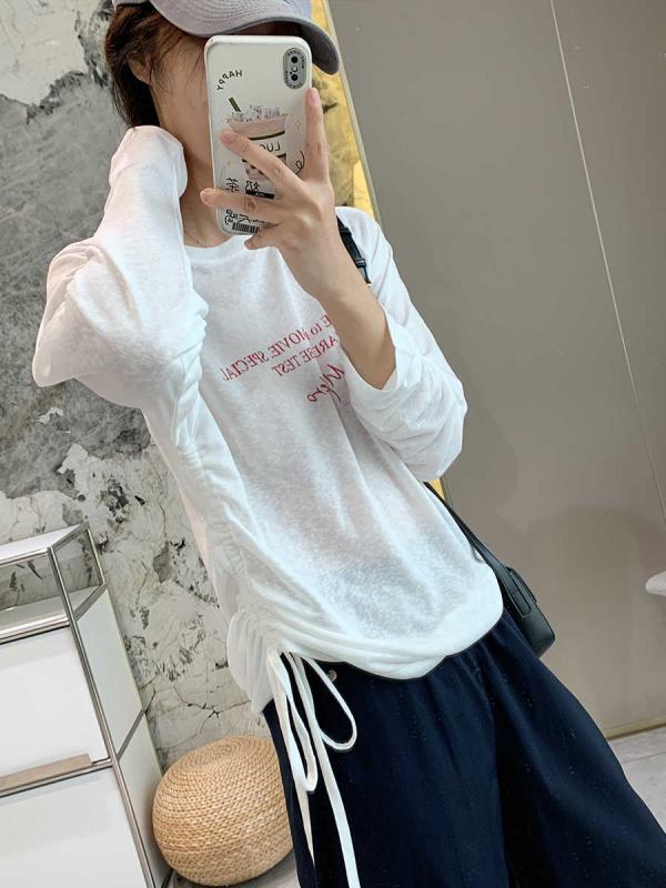 Tシャツ 女性用 夏季 透気 超薄 接触冷感 レイヨン ポリエステル シンプル 文字柄 プルオーバー ドローストリング ゆったり 長袖 トップス ラウンドネック プリント 快適 休閑 日韓スタイル 白色 深灰色 吸湿速乾 軽量 伸縮性