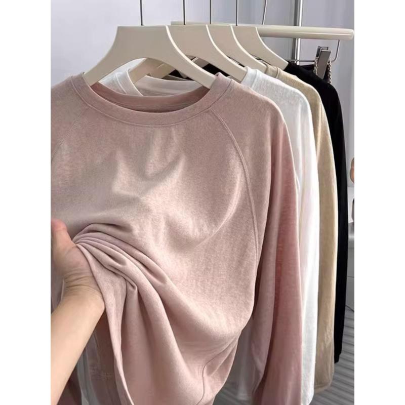 Tシャツ 女性用 秋冬 長袖 リラックスフィット 竹節柄 コットン ストレッチ 接触冷感 薄手 シンプル ソリッドカラー 丸首 トップス レイヤリング 私服 ライトカラー グレー系 ベージュ ホワイト ブラック 吸湿速乾 軽量 ゆったりシルエット 日常使