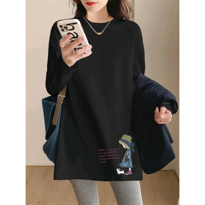 Tシャツ 女性用 長袖 丸首 インナー トップス 綿 素材 ワイド シルエット 中長丈 プリント柄 韓国風 カジュアル 普段使い 伸縮性 ホワイト グレー ブラック カラーバリエーション