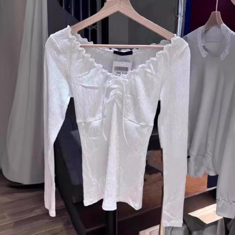 Tシャツ レディース 長袖 木耳エッジ 蝶結び 系帯 インナー 花辺 ボディス 修身 トップス 綿素材 接触冷感 セットアップ 春夏 かわいい スタイル 軽量 伸縮性 ピンク系 ブラック アイボリー ショート丈 清新 甘め 普段使い 通勤用