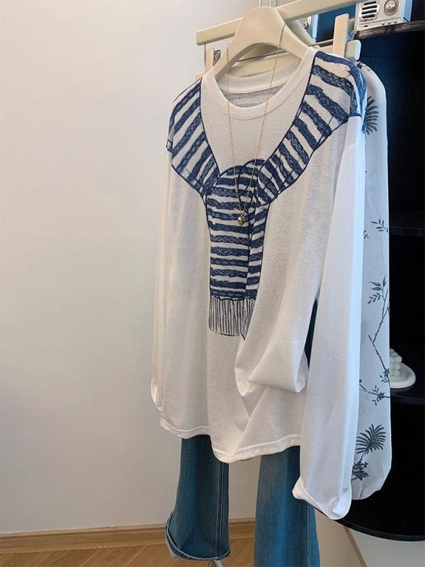 Tシャツ 女性用 長袖 防晒 ルーズフィット 中長丈 丸首 コットン素材 接触冷感 吸湿速乾 軽量 切り替えデザイン ホワイト 秋 気質 通勤風 普段使い トップス 上衣