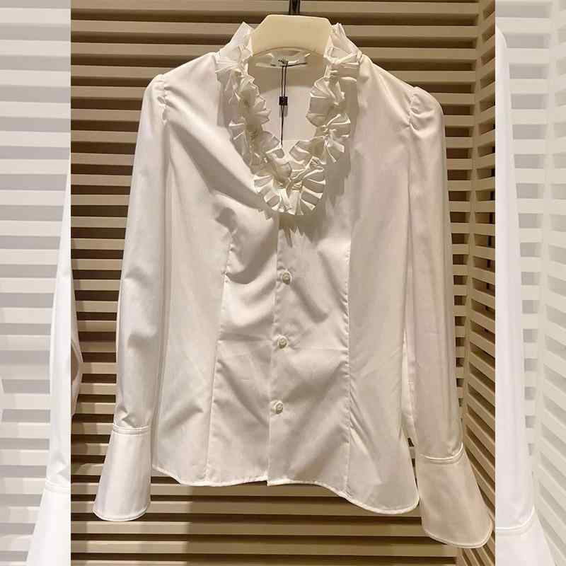 シャツ 女性用 春夏 白色 Vネック 荷葉エッジ フリル ロングスリーブ ゆったり 花柄 気品 デザイン 雪ニール ・届? ストレッチ 私服 洗練 スタイル 御姐風 ライトウェイト コットン混 吸湿速乾 通勤 普段使い