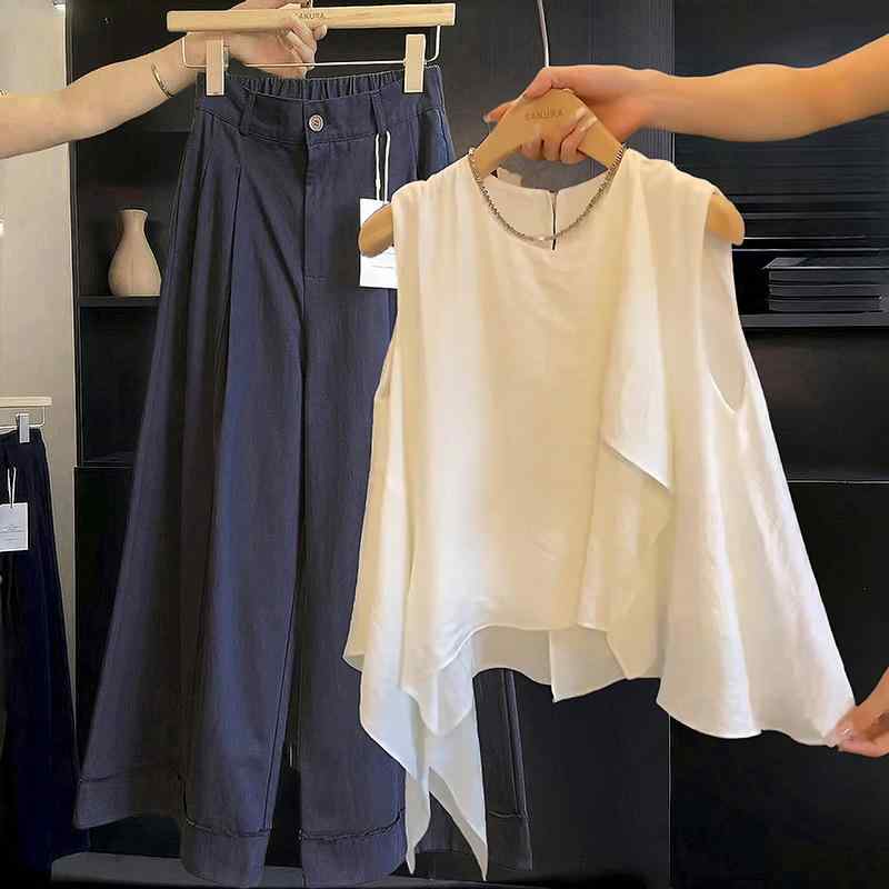 無袖トップス 女性用 夏服 ゆったりシルエット 丸首 無袖 純色 デザイン フリル ウエストリボン セットインスリーブ ポリエステル 接触冷感 吸湿速乾 軽量 通勤用 普段使い カジュアル 女性服 ゆったりフィット ホワイト