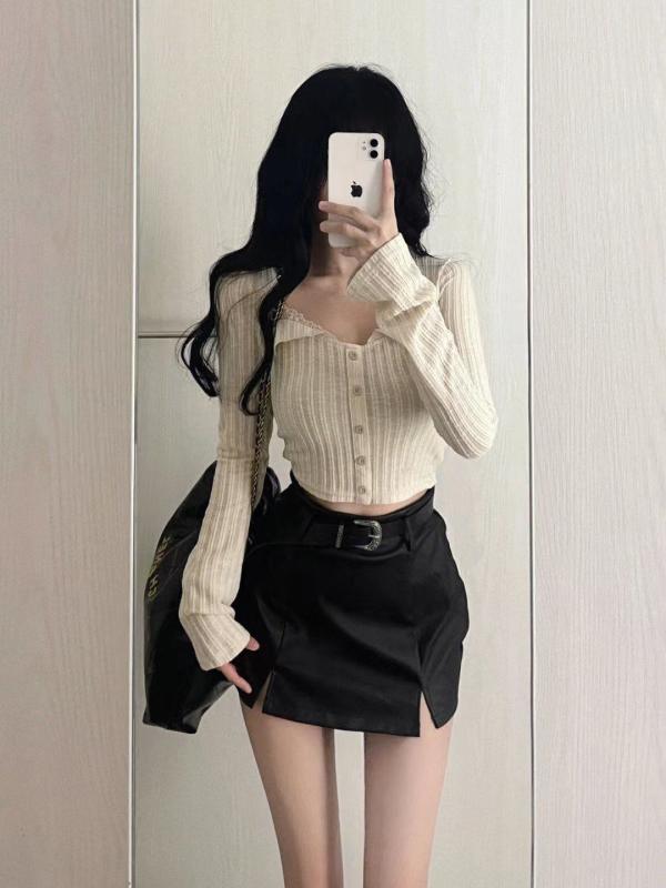Tシャツ 女性用 長袖 フィッシュボーン 切り替え Uネック 超短丈 修身シルエット レース プリンセス風 かわいい 清楚 甘め 秋冬 接触冷感 ポリエステル インナー レイヤード 通勤 普段使い 軽量 伸縮性 ピンク系 アイボリー