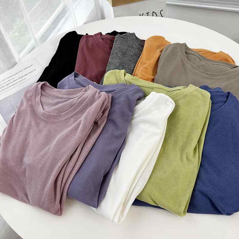 Tシャツ 女性用 長袖 軽薄 通気性 防紫外線 夏用 ゆったり 丸首 無地 綿素材 コットン ブラック ホワイト グレー ベージュ ピンク グリーン ネイビー パープル 日韓カジュアル 快適 日常使い トップス インナー