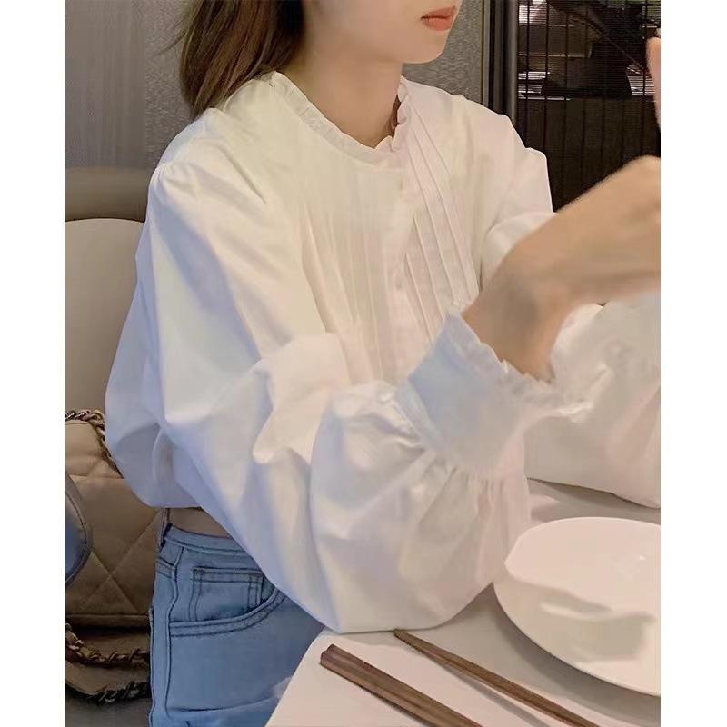 { "result": "シャツ 女性用 韓国風 白色 木耳縁 デザイン ワイドシルエット スタンドカラー 長袖 ランプシェード袖 切り替え加工 偽二重 ルーズフィット ゴシック ストリート 森ガール コットン混紡 純色 セットアップ レイヤード レイヤ