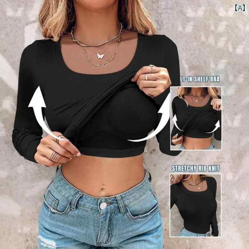 長袖Tシャツ 女性用 Uネック インナー トップス 綿 ポリエステル 混紡 純色 修身シルエット 針織 長袖 セットインスリーブ ヘムリブ 普通丈 ブラック ベージュ グリーン グレー レッド 街頭スタイル 欧米風 カジュアル レイヤリング 吸湿速乾 通