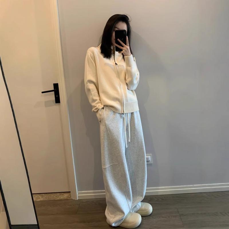 レディース ワイドパンツ コットン 混紡 素材 春夏 黒 グレー ゆったり シルエット 香蕉パンツ タイプ 松腰 デザイン ポケット 付き 中厚 リラックス スタイル 日韓 カジュアル 微伸縮 切り替え 加工 長丈 快適 普段使い 軽やか 履き心地 ビッ