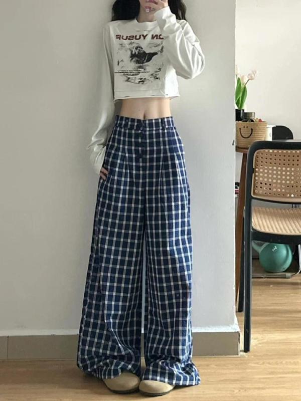 レディース ワイドパンツ 春夏 韓国風 ビンテージ ブルー チェック柄 ゆったり ハイウエスト ロング丈 薄手 コットン ポリエステル ストレッチ ゆったり風 ラフ カジュアル 私服 通勤 普段使い 軽量 吸湿速乾 アイボリー ブラック グレー ミッドラ
