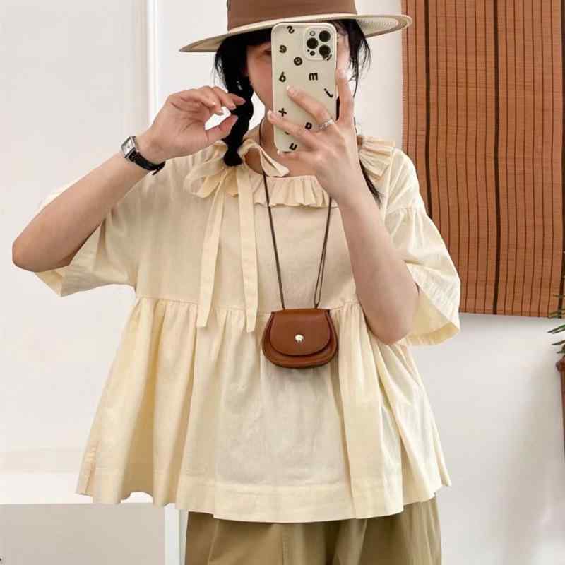 レディース シャツ トップス 荷葉襟 蝶結び 紐 切り替え 短袖 綿麻 素材 フリル ゆったり シルエット 純色 白色 杏色 夏 春夏 復古風 セットアップ 単品
