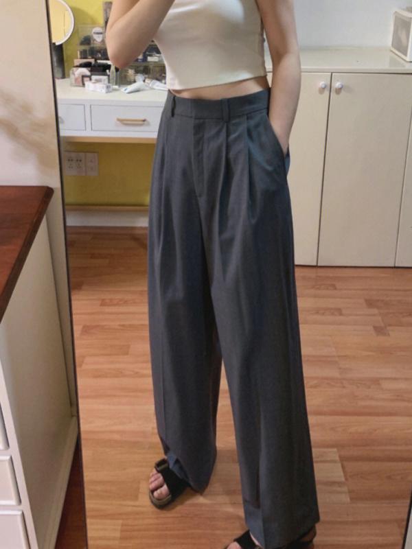 レディース ワイドレッグパンツ プリーツ 高腰 ロング丈 深灰色 ピンク 通勤 普段使い 薄手 ポケット付き 気質 ストレート ゆったり ポリエステル 無弾性 春夏