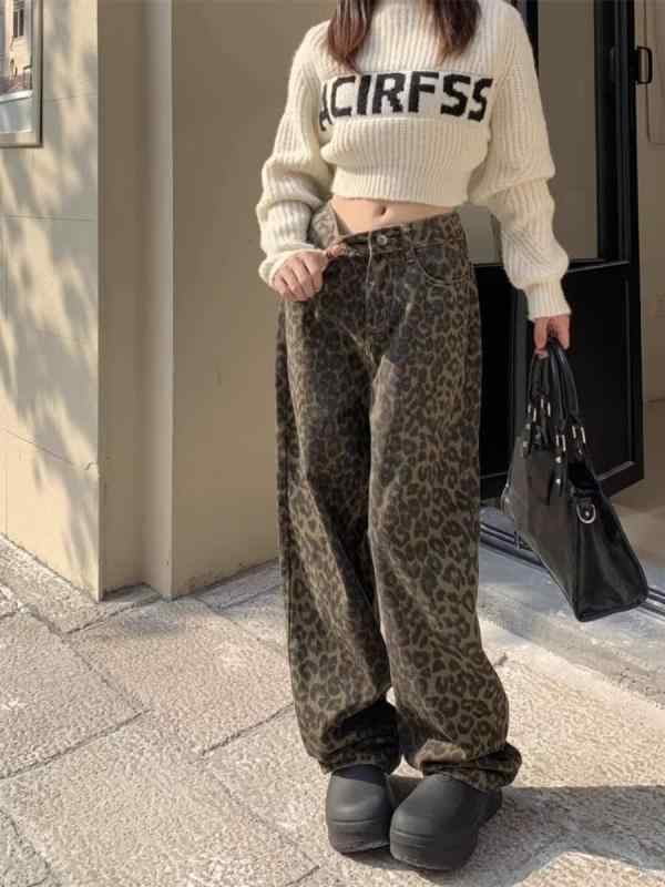 レディース 牛仔パンツ ヒョウ柄 ワイドレッグパンツ ハイウエスト 直筒 ゆったり ストリートファッション コットン ポリエステル ブラウン 中厚 秋冬 春 冬 スリム効果 コーディネート自在 ノンアイロン加工