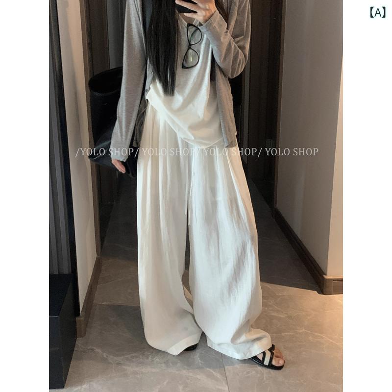 レディース 夏 ワイドパンツ ストレートパンツ ハイウエスト 薄手 高弾力 ポリエステル 綿 白色 ゆったりシルエット 長丈 垂れ感 軽量 吸湿速乾 接触冷感 日韓カジュアル 普段使い 部屋着 アウトドア