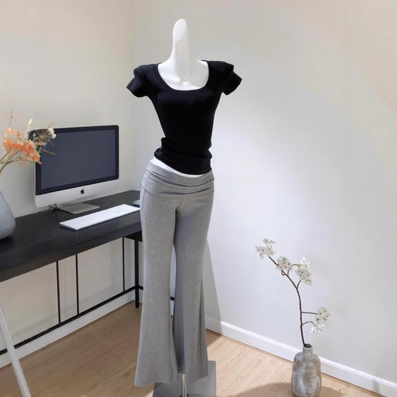 レディース ニットパンツ フロア丈 ロングパンツ 高腰 微喇型 マイクロフレア 切り替え コットン混 ?? 再生繊維 花柄グレー かわいい 甘め スタイル 清新 軽量 微弾性 伸縮性 通勤 普段使い カジュアル