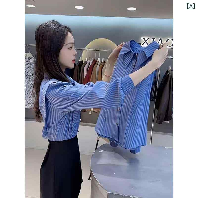 シャツ 女性用 気質 通勤 条紋 格子 ファッション フリル デザイン スリム ダブルレイヤー 襟 ゆったり 合わせやすい ブラック ポリエステル 5分袖 ポロ襟 プレーツ しわ加工 知性 スタイル 普通丈 ボタン シングルブレスト ワイドシルエット 接