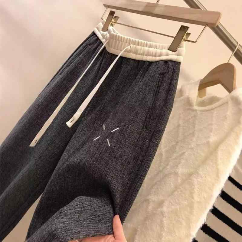 レディース ワイドパンツ 直筒 ハイウエスト 切り替え 刺繍 ポケット ポリエステル 中厚 通勤 普段使い 気質 グレー 秋 長丈 ゆったりシルエット 伸縮なし 軽量 吸湿速乾
